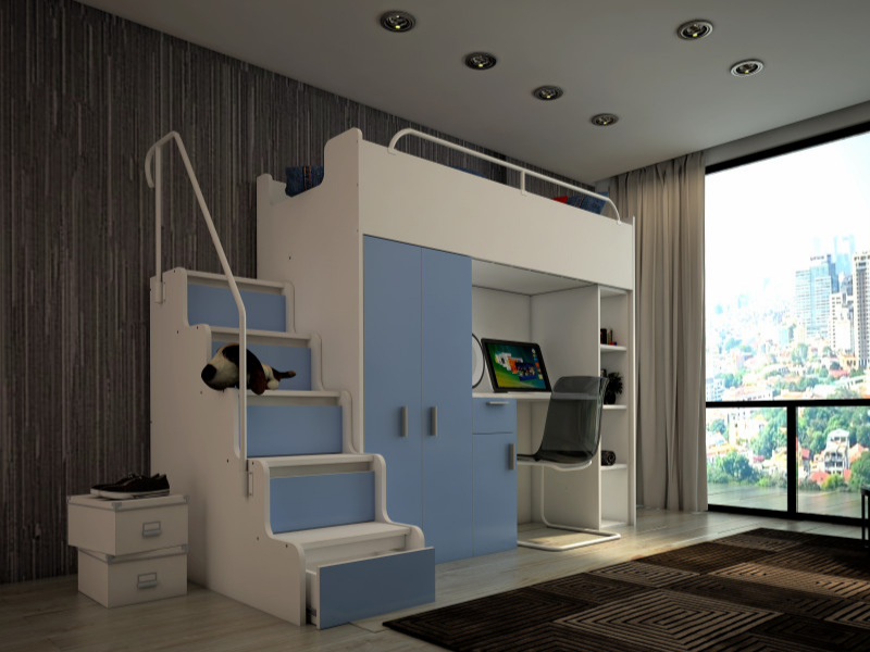 High Bed and Desk with Wardrobe